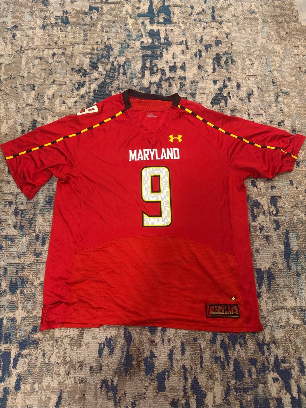 Men’s XXL Under Armour Red Maryland #9 Football Jersey with Gold Accents